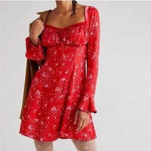 NWT Free People Tess dress bell sleeve smocked mini dress velvet tie red XS